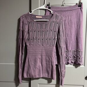 Anna Maria Collezioni Women L/S Crochet Pearl Knit Top & Skirt Set Purple Small